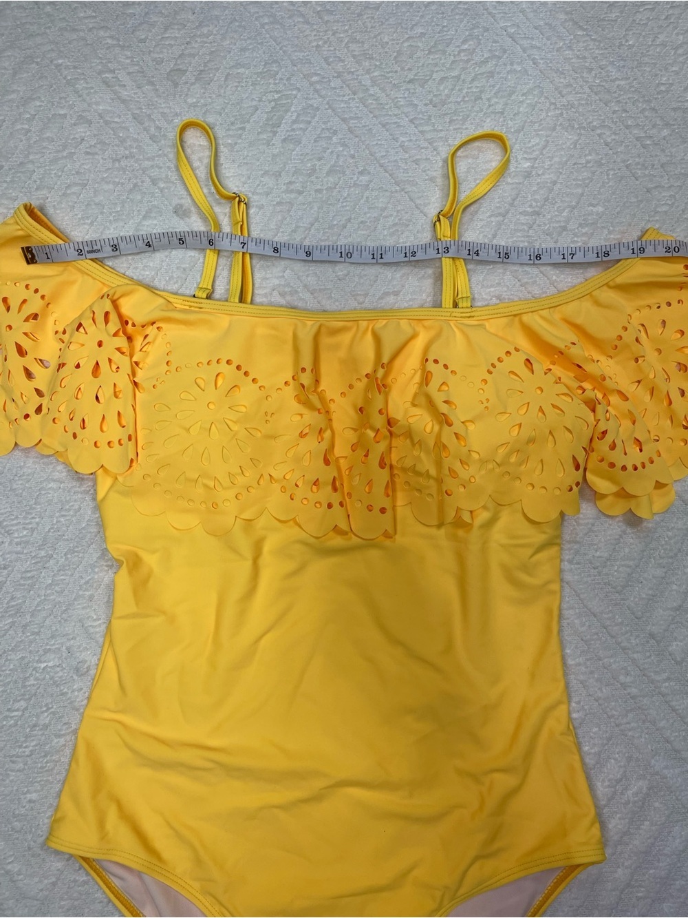 Holipick Yellow Off-the-Shoulder One-Piece Swimsuit with Eyelet Ruffle Size L - Picture 10 of 15